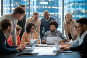 groupe-divers-table-ordinateurs-vue-ville