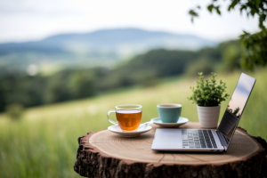 ordinateur-portable-table-bois-champs-verts
