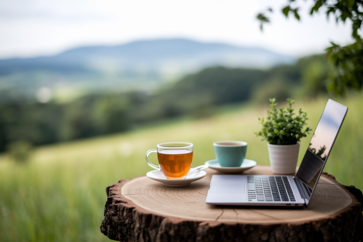 ordinateur-portable-table-bois-champs-verts